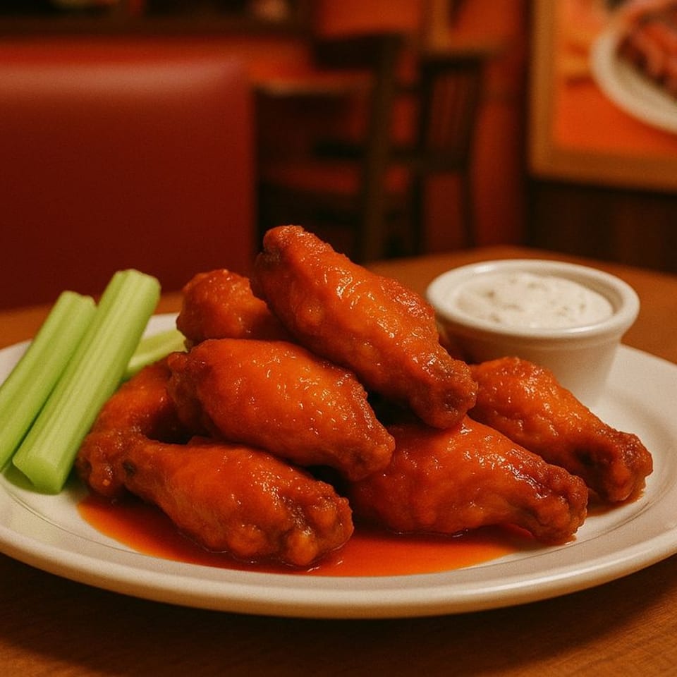 A plate of buffalo wings with celery sticks and a side of ranch dressing at 5 Monkeys SportsBar.