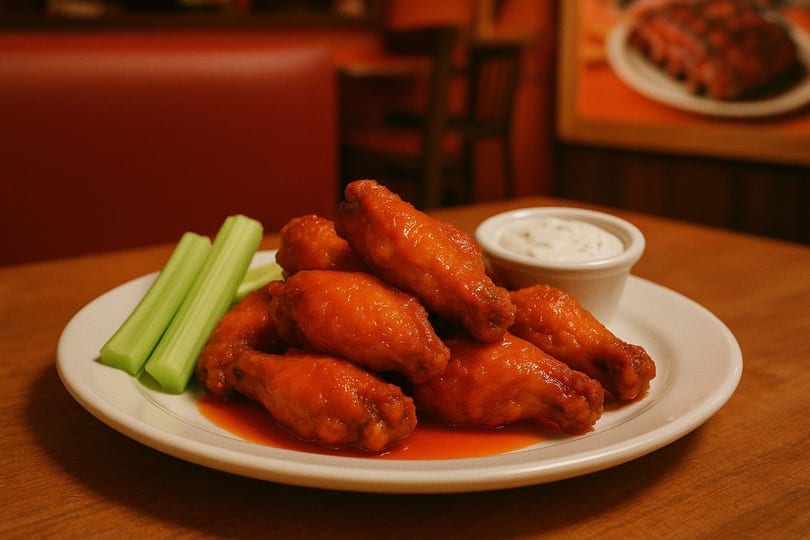 A plate of buffalo wings with celery sticks and a side of ranch dressing at 5 Monkeys SportsBar.