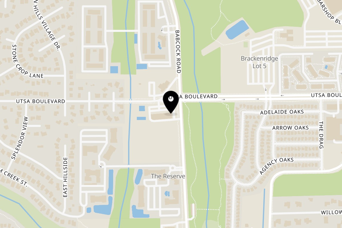 Map showing the location of 5 Monkeys SportsBar and Restaurant on 7280 UTSA Boulevard Ste 101 in San Antonio
